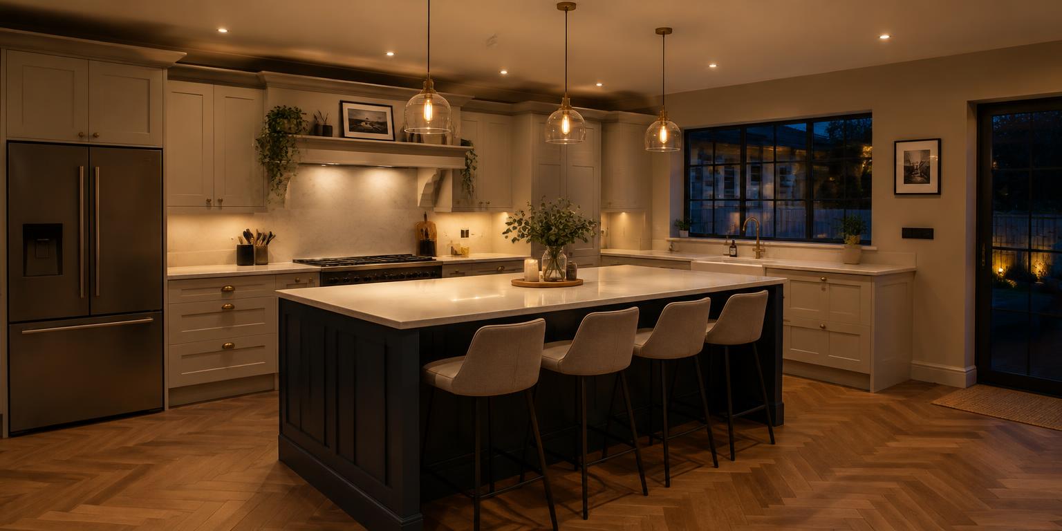Kitchen with warm downlights and pendant lights