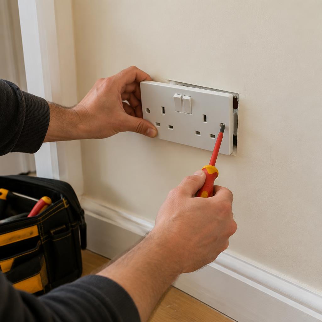Electrician fitting a white UK double socket